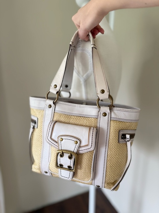 Coach Handbags - Vintage Coach Legacy Straw & Leather Tote White Brass Accents Y2K Coach 113